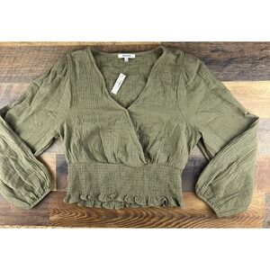 Madewell Women TOP L Boho Chic Cropped Olive Green Smock Waisted Peasant‎ Sleeve